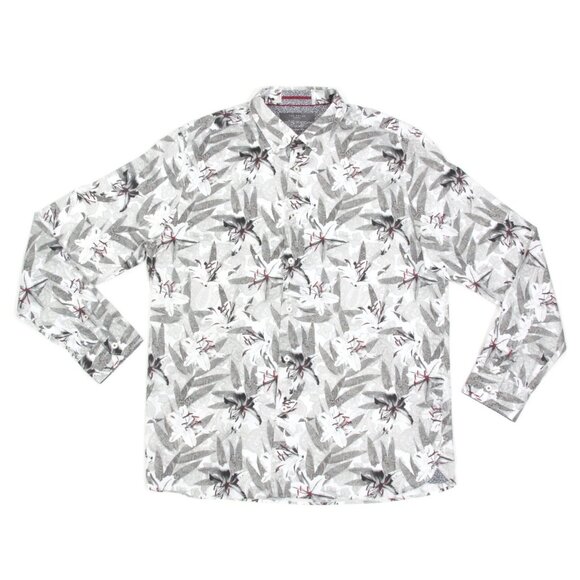 Ted Baker Mens Long Sleeve Shirt Grey White Floral size 17 Fashion Fit - 944 - Picture 1 of 4